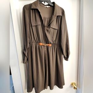 Army Green Dress with elastic Waist and faux brown belt detail